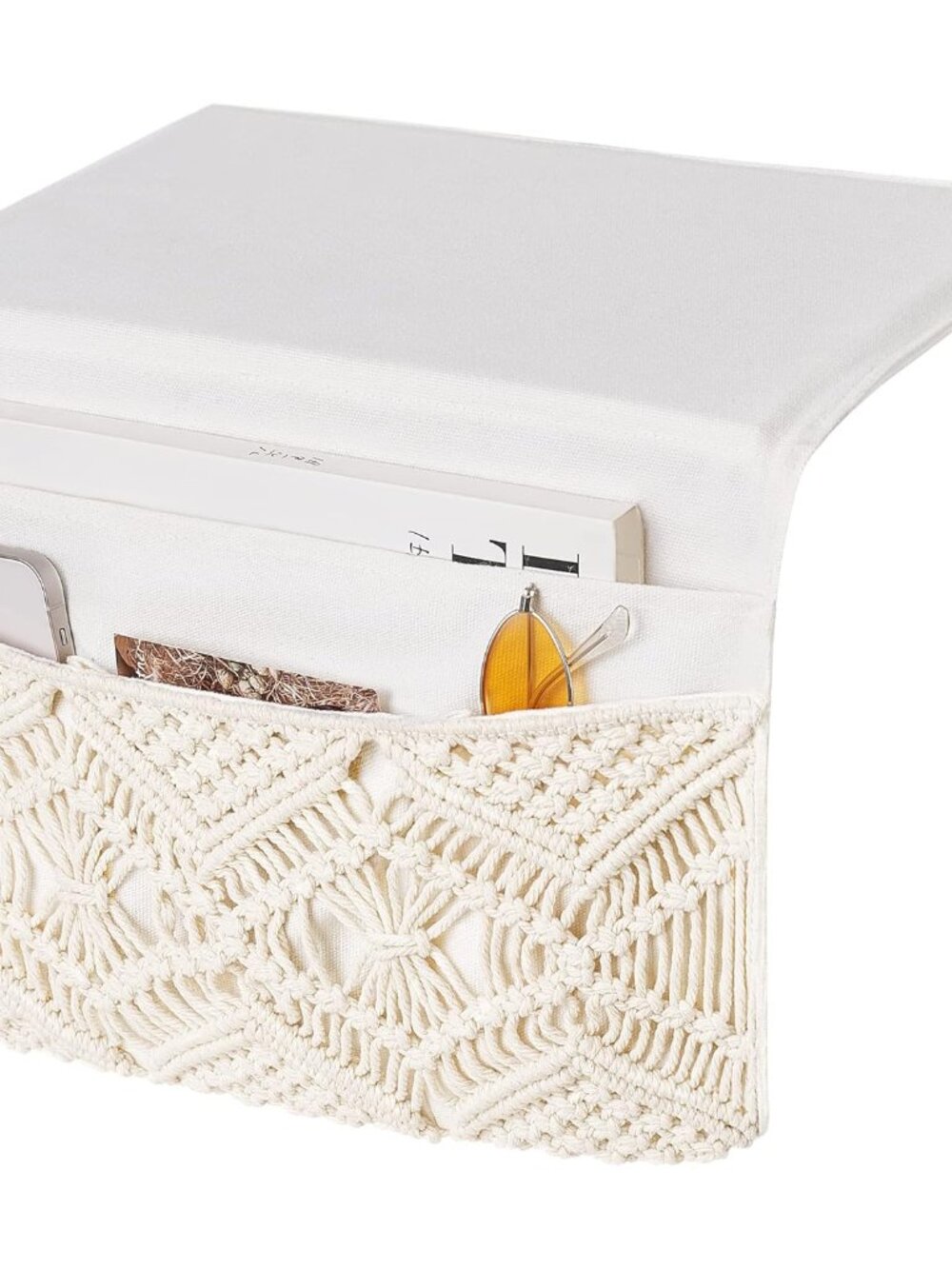 Macrame Bedside Caddy, Boho Bed Storage Organizer, 4 Pockets Ivory